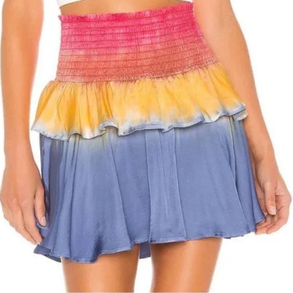 Chaser Smocked Flouncy Tiered Mini Skirt Prism Tie Dye High-Waist A-Line